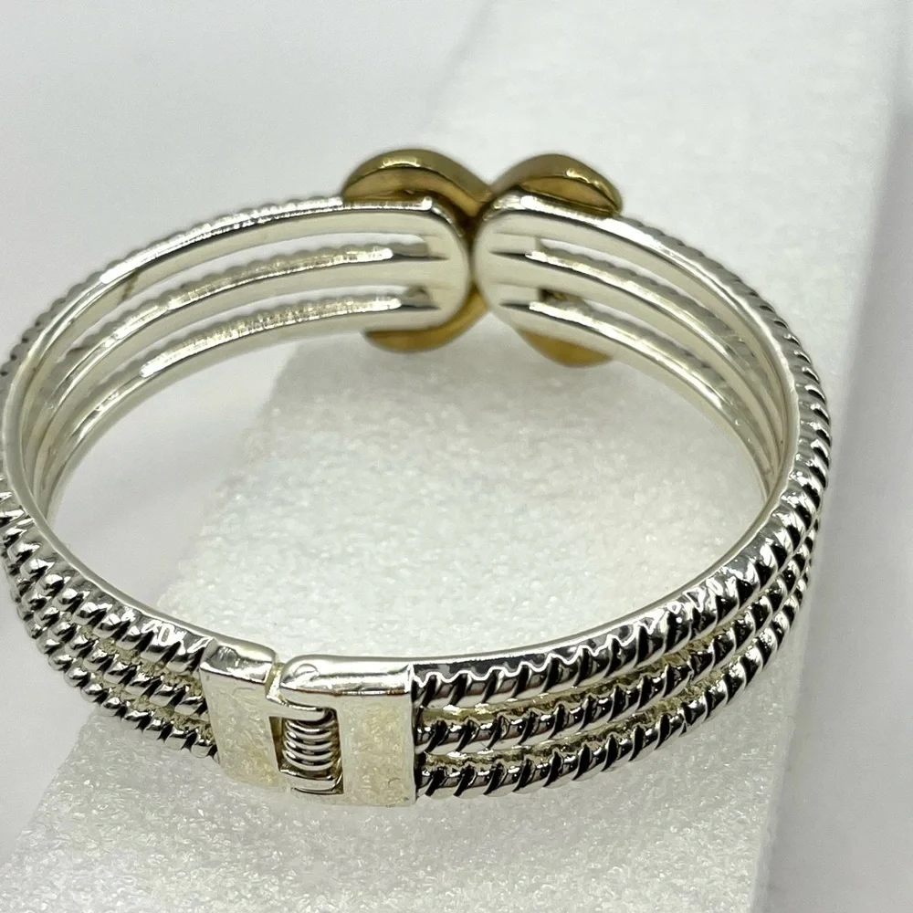 Rope Bracelet Love Crossover Silver Tone Cable Hinged Rhinestone Bangle Chunky